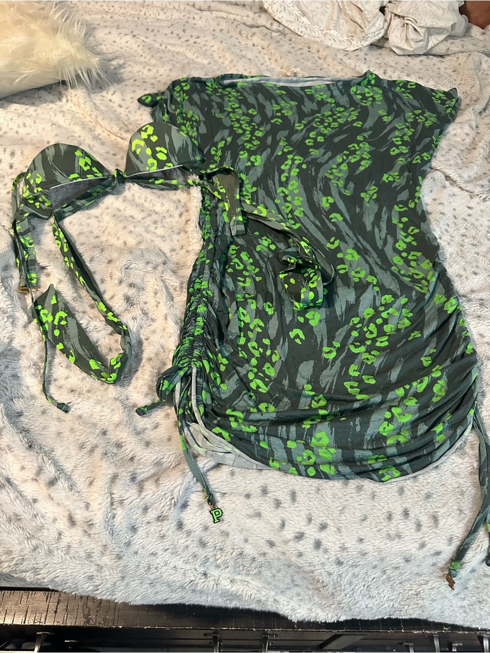 PINK Victoria's Secret Green Print Ruched Side Tunic Cover up with top